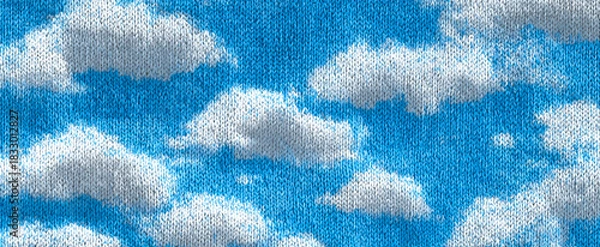 Obraz Knitted sky pattern with fluffy white clouds on blue textile background