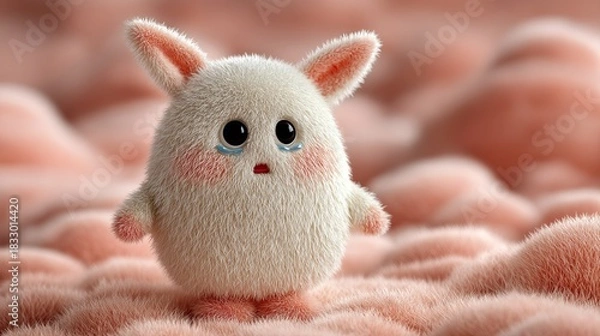 Fototapeta Cute White fluffy 3D Monster crying sad. Romantic character illustration for Valentine's Day