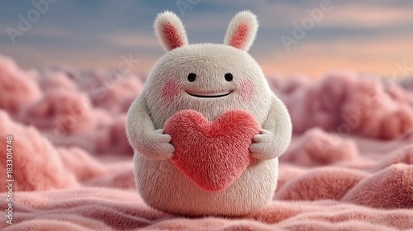 Fototapeta Cute White Fluffy 3D Monster Holding Red Heart. Romantic Valentine's Day Character Illustration