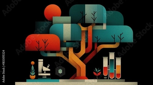 Fototapeta Stylized Tree of Knowledge with Microscope and Test Tubes. Retro Flat Grainy Science Illustration on Black