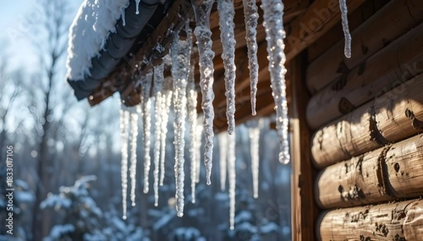 Obraz Icicles hanging from the roof edge of a sunny log cabin in winter