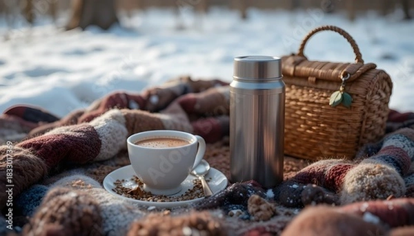Obraz Cozy winter picnic setup with hot drink, thermos, and basket in snow