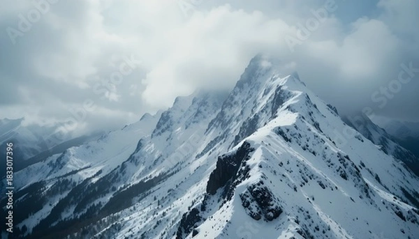 Obraz Majestic snowcovered mountain peak shrouded in dramatic, cloudy weather