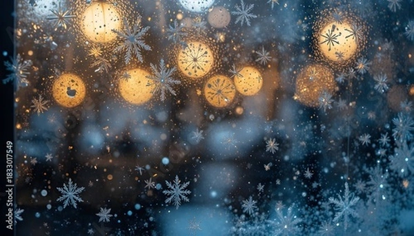 Obraz Bokeh lights and snowflake pattern seen through a frosty window