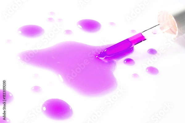Fototapeta Dropper with violet-colored serum in a test tube. Cosmetic research or chemical testing in a sterile laboratory environment.