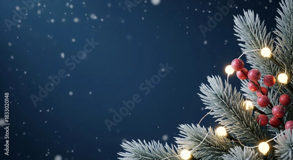 Fototapeta Frosty Christmas tree branches with red berries and glowing garland lights on dark blue background. Festive winter holiday border with copy space for text