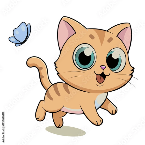 Fototapeta Cute Cat Playing with a Colorful Butterfly Illustration