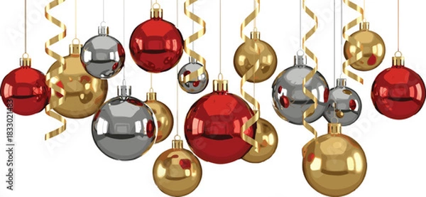 Obraz Hanging Christmas Ornaments with Red, Gold, and Silver Baubles and Curly Ribbons on White Background for Holiday Celebration Decor