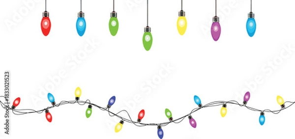 Obraz Vibrant Hanging Christmas Lights and Colorful Festive String Garland Creating a Bright Holiday Decoration Border on a Clean White Background