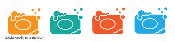 Fototapeta Four colorful soap bars with bubbles for vibrant hygiene needs. Soap with foam bubbles icon in line, solid, and colorful filled outline versions. Clean hygiene symbol, personal care illustration.