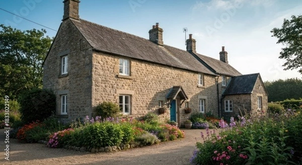 Fototapeta Rustic stone house with garden