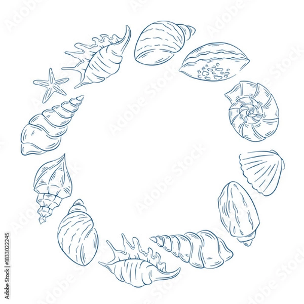 Fototapeta Elegant coastal design with line art style seashell wreath. Perfect for summer, wedding card and invitation.