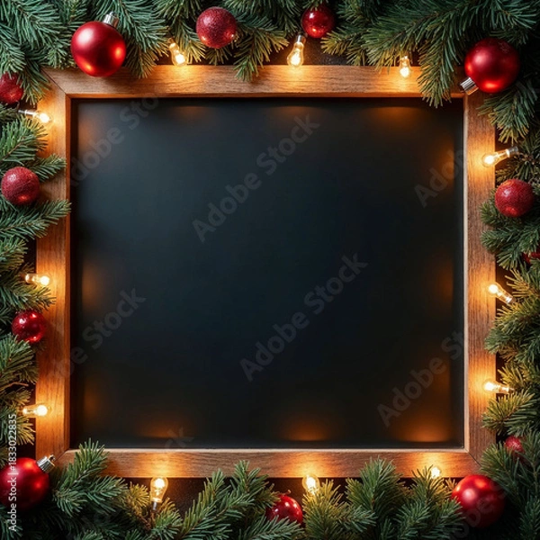 Obraz Christmas Corner Chalkboard Mockup with Pine Branches