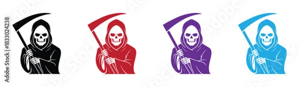 Fototapeta Grim reaper or death with hood and skull wielding a scythe flat simple icon .  Grim reapers in different colors on white background vector.