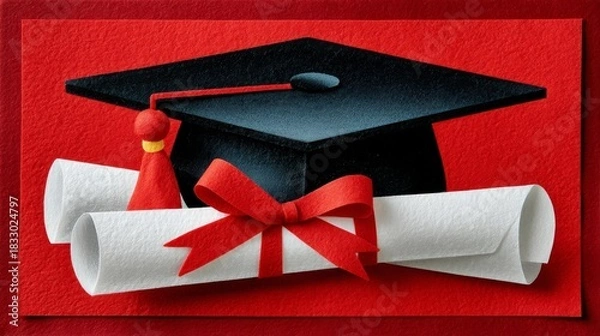 Fototapeta Graduation cap and diploma with red ribbon on a textured red background, symbolizing academic achievement and celebration
