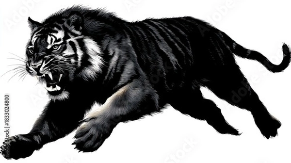 Fototapeta A detailed illustration of a roaring tiger in a dynamic pose, showcasing powerful muscles and fierce expression