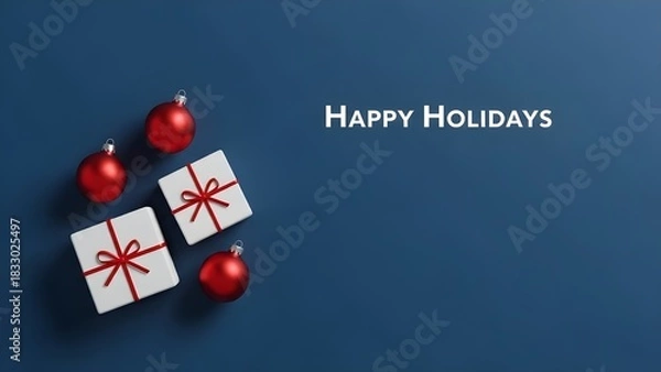 Obraz A modern holiday banner with a 'Happy Holidays' message. Features a minimalist top-view arrangement of a few red ornaments and white gift boxes on a sleek blue background. Clean, graphic design with a