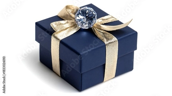 Obraz Elegant blue gift box with golden ribbon and diamond isolated on white background