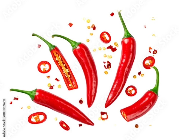 Obraz Vibrant red chili peppers, whole, sliced, and flakes, on black