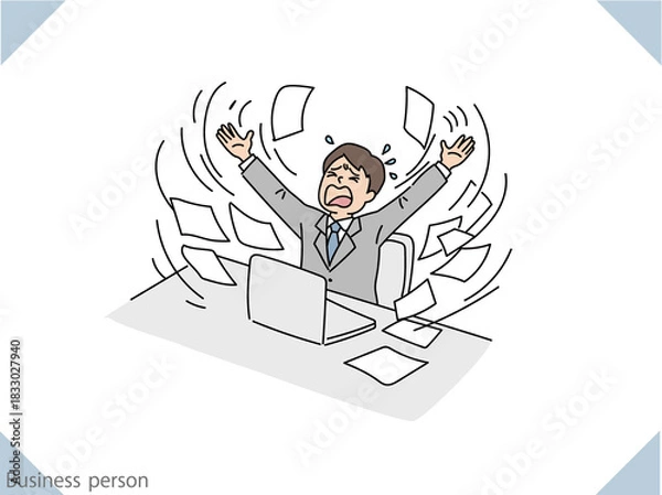 Fototapeta 困ってしまって書類を投げ出すビジネスマン、デスクワーク中のビジネスマンのイラスト