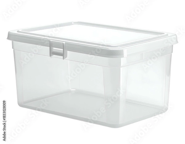 Obraz Clear plastic rectangular storage container with white lid, latch