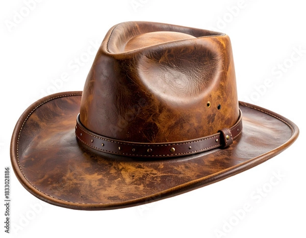 Obraz Close-up of a rustic brown leather cowboy hat with a studded band