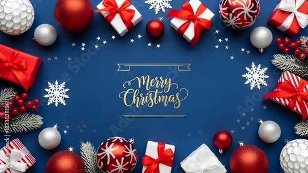 Obraz An elegant 'Merry Christmas' greeting card design. A top-down, flat lay of red and white decorations and wrapped gifts arranged artfully on a deep royal blue background. The composition is balanced an