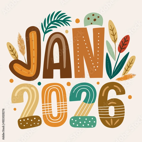 Obraz January 2026 boho style typography with botanical elements