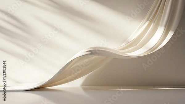 Fototapeta Elegant off-white fabric drapes in a graceful, flowing wave, illuminated by soft, natural light and subtle shadows.