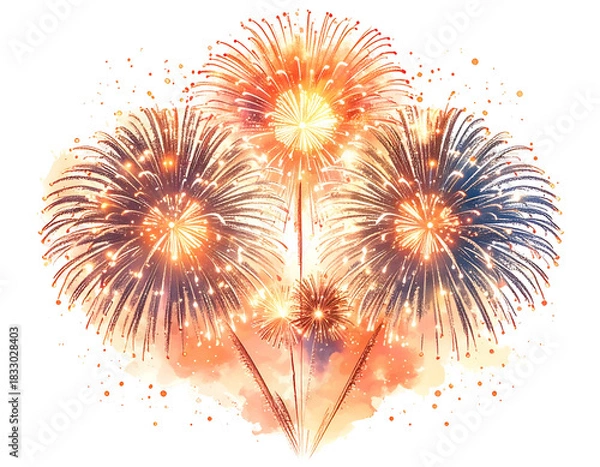 Obraz Cluster of bright, artistic fireworks exploding in soft evening light