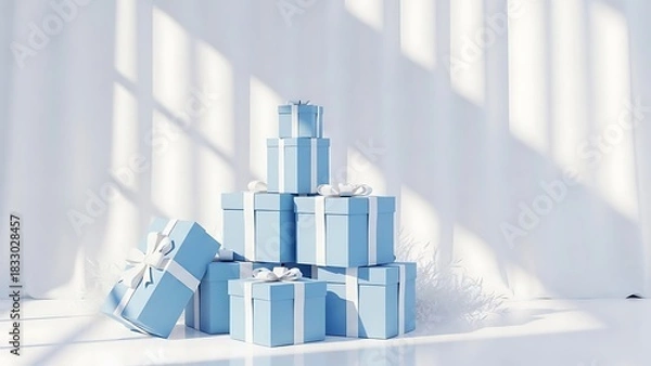 Fototapeta A stack of light blue gift boxes tied with white ribbons, arranged in a festive display.