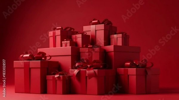 Fototapeta Stack of red gift boxes with ribbons on a red background.