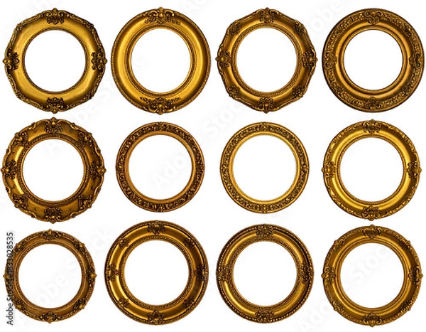 Obraz Collection of twelve ornate golden empty circular frames on black