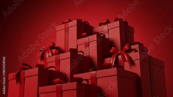 Fototapeta A dramatic, monochromatic pile of red wrapped gift boxes with ribbons stacked high against a matching red background.