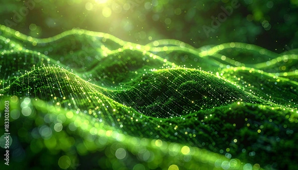 Fototapeta Vibrant Green Data Landscape: An artistic representation of a data-driven landscape, with lush green hills and a network of shimmering lines, symbolizes interconnectedness and digital growth.