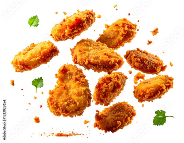Obraz Crispy golden fried chicken pieces with green herbs floating on dark