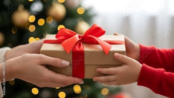 Fototapeta Close-up of an adult's hands giving a wrapped Christmas gift with a red ribbon to a child's hands, with a blurred festive tree in the background.