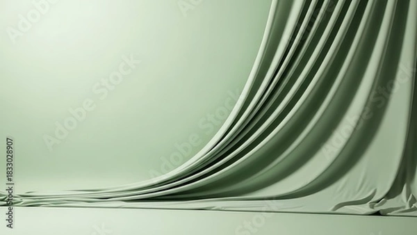 Fototapeta Elegant flowing fabric in shades of green, creating a soft, curved form against a light background.