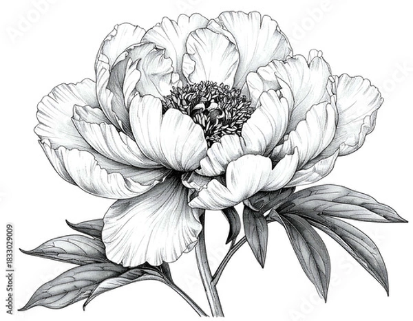 Obraz Detailed black and white drawing of a beautiful peony flower isolated
