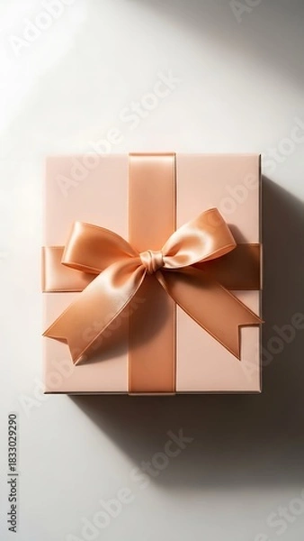 Fototapeta Top-down view of a pink gift box with a gold ribbon and bow.