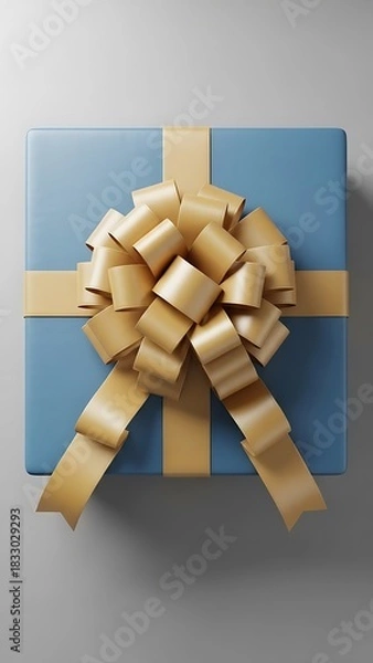 Fototapeta A beautifully wrapped blue gift box with a large gold ribbon bow, seen from an overhead perspective.