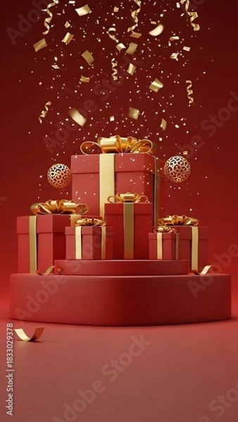 Fototapeta Elegant red gift boxes with golden ribbons stacked on a circular podium, surrounded by falling gold confetti on a festive red background.