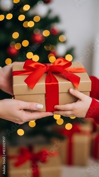 Fototapeta An adult's hands give a Christmas present with a red ribbon to a child in front of a festive tree.