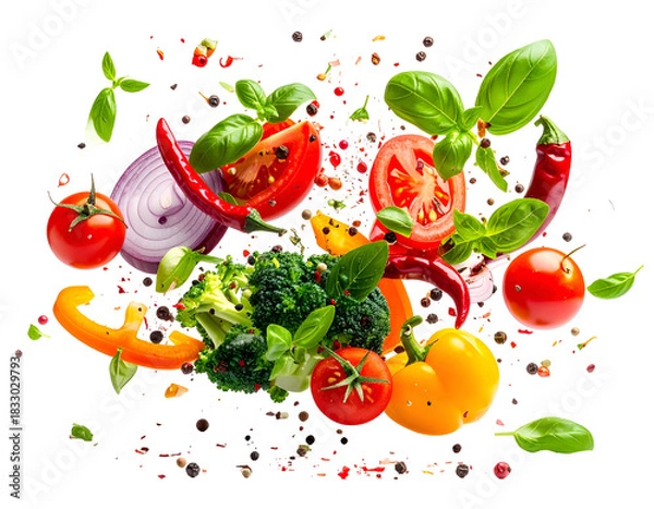 Obraz Explosion of fresh vegetables, herbs & spices on black