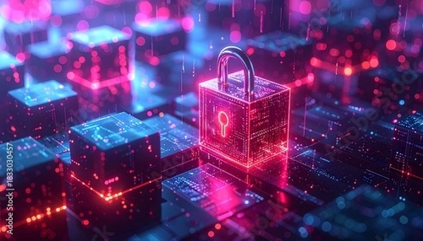 Obraz Digital security lock in a vibrant cyber landscape with glowing data structures
