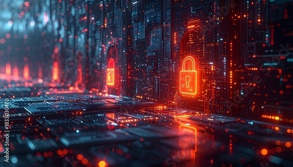Obraz Digital security landscape with glowing locks and circuit patterns in a futuristic setting