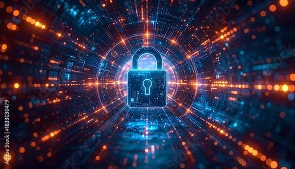 Obraz Digital security concept with glowing padlock in futuristic technology background representing data protection