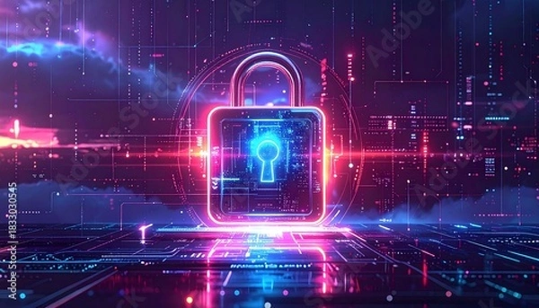 Obraz Colorful digital padlock symbolizing cybersecurity in a futuristic virtual environment with glowing effects and intricate designs