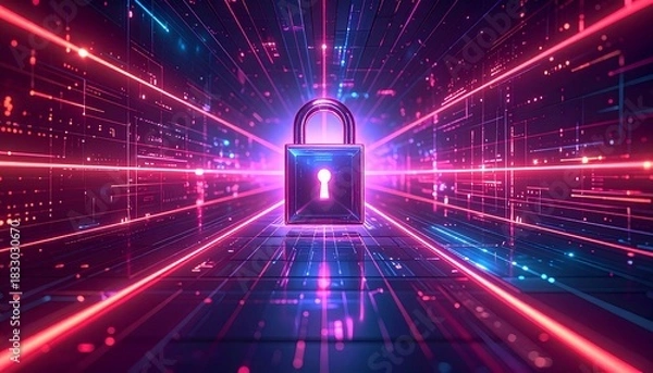 Obraz Digital lock in a vibrant neon landscape representing cybersecurity and data protection efforts