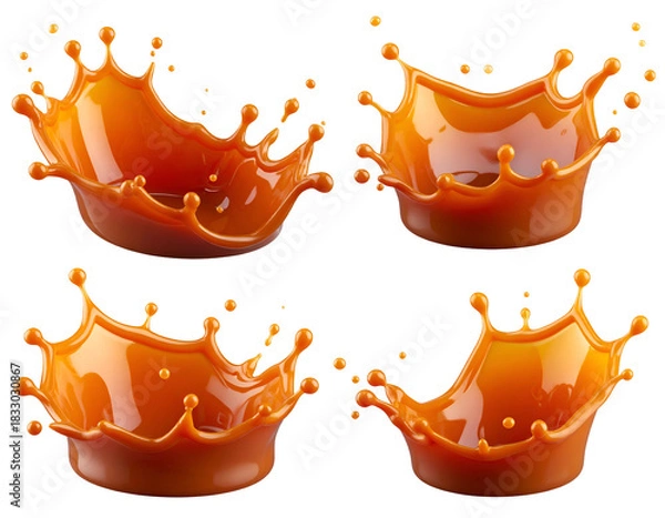 Obraz Four golden-brown liquid crowns splashing against a dark background